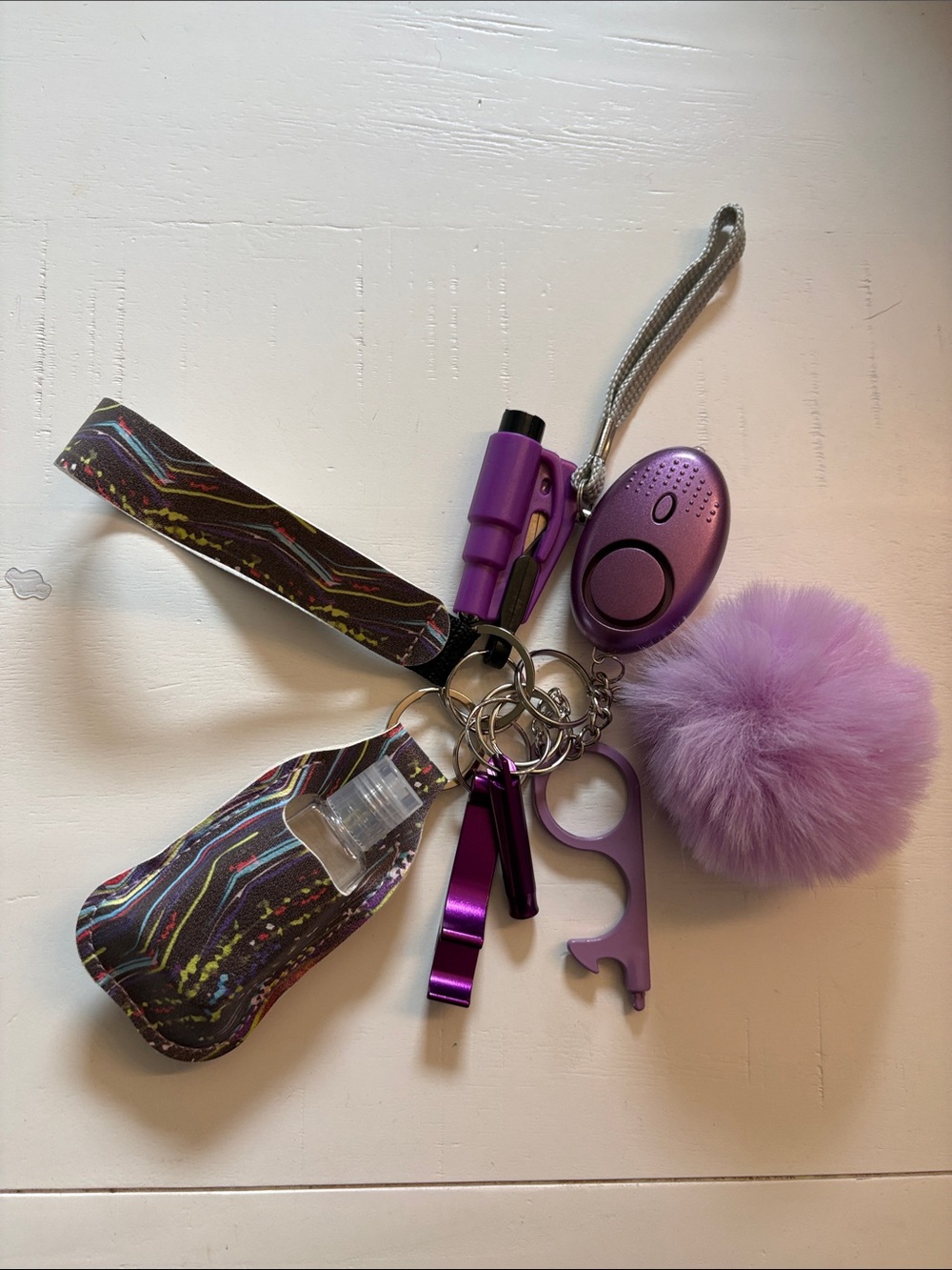 Purple Safety Accessory Keychain Set with Pom-Pom and Multi-Tool